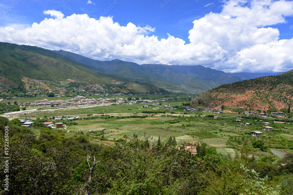 View of Paro valley and green rice paddy from Paro Dzong, Bhutan View of Paro valley and green rice paddy from Paro Dzong, Bhutan
