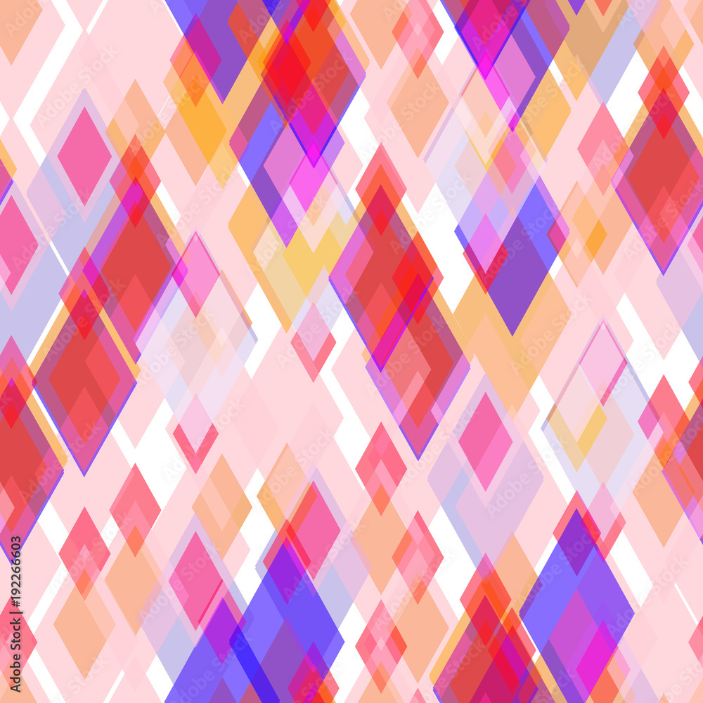 Abstract geometric seamless pattern with rhombus and brilliant decorative geometric and abstract contemporary elements. lilac pink orange red geometric print, ethnic hipster trendy backdrop. Vector
