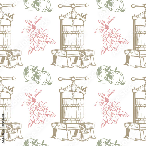 Vector colorful seamless pattern with presses for squeezing, apples and flowers. Perfect for apple cider, juice, wallpapers, surface textures and more creative designs. Hand-drawn illustration.