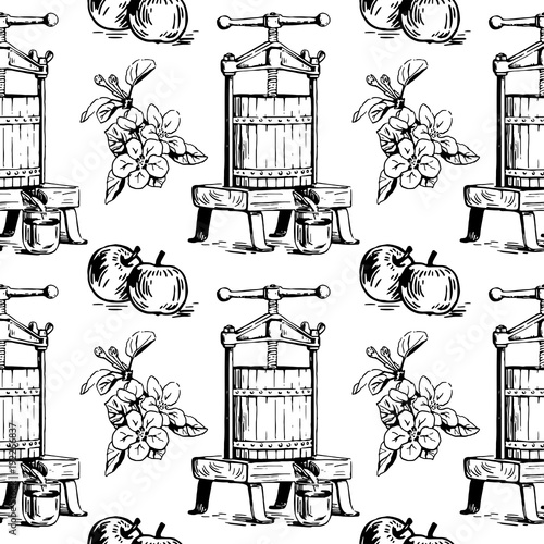 Vector seamless pattern with presses for squeezing, apples and bottles. Perfect for apple cider, juice, surface textures, wrapping paper and more creative designs. Hand-drawn illustration.