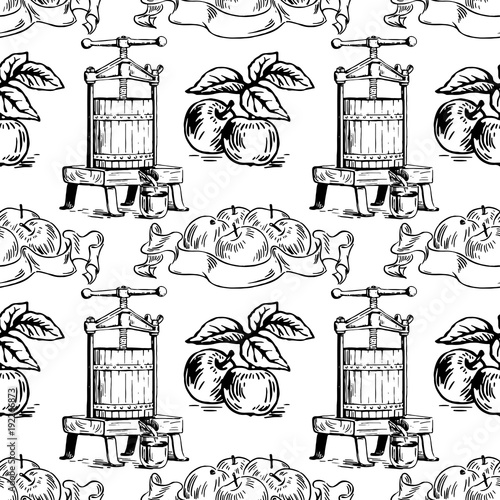 Vector seamless pattern with presses for squeezing, apples and labels. Perfect for apple cider, juice, wrapping paper and more creative designs. Hand-drawn illustration in black and white.