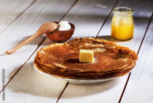 Pancakes with butter and honey