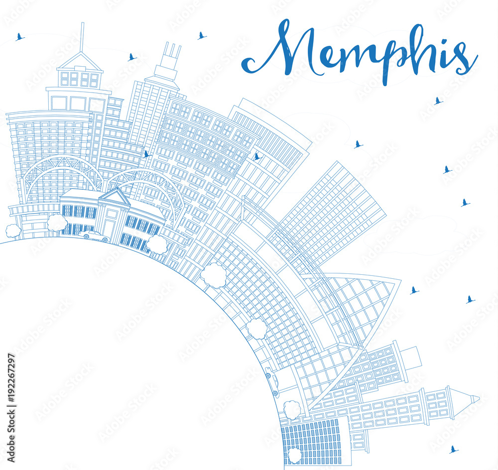 Outline Memphis USA City Skyline with Blue Buildings and Copy Space.