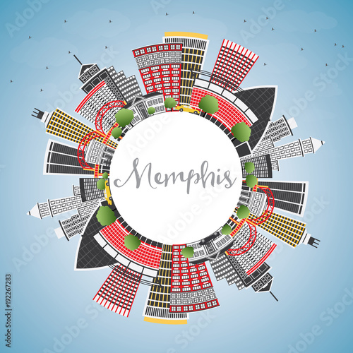 Memphis USA City Skyline with Color Buildings, Blue Sky and Copy Space.