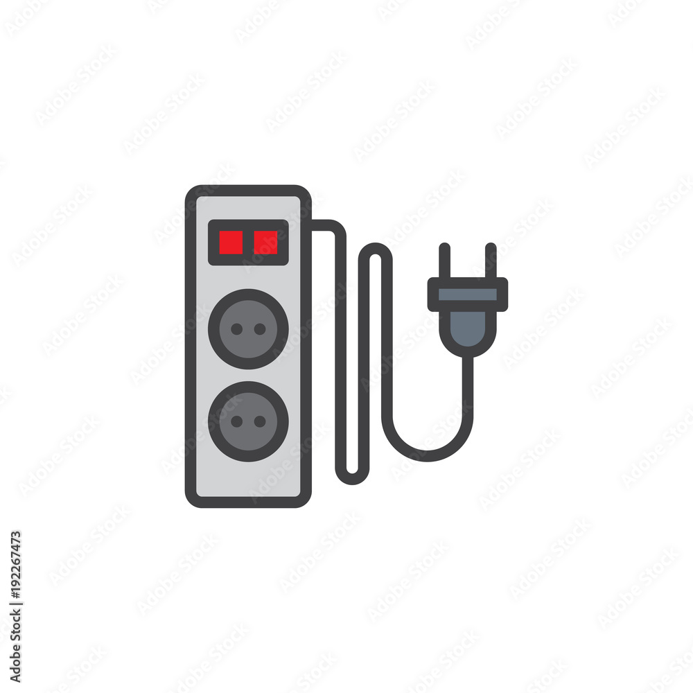 Electric extension cord with two slots filled outline icon, line vector sign, linear colorful pictogram isolated on white. Symbol, logo illustration. Pixel perfect vector graphics Electric extension cord with two slots filled outline icon, line vector sign, linear colorful pictogram isolated on white. Symbol, logo illustration. Pixel perfect vector graphics