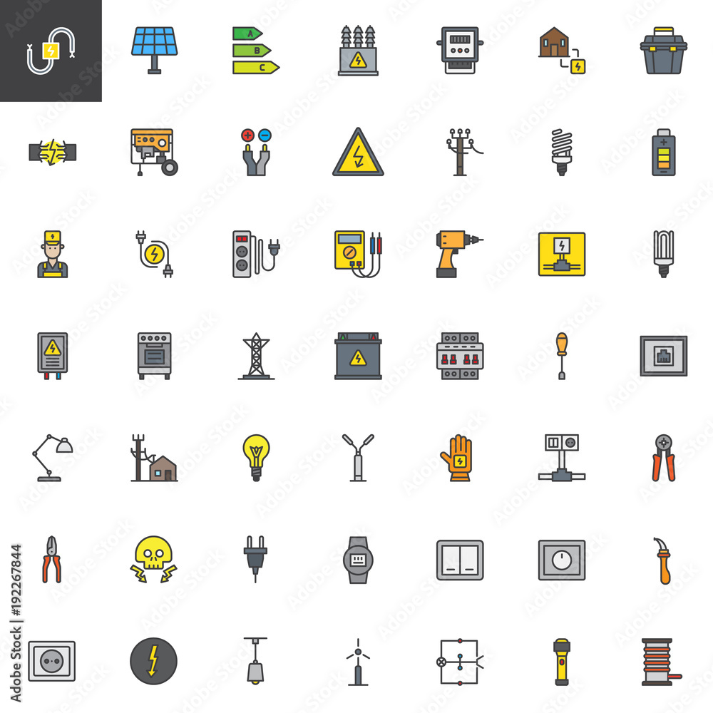 Electrician elements filled outline icons set, line vector symbol collection, linear colorful pictogram pack. Signs, logo illustration, Set includes icons as high voltage, electric meter, power supply Electrician elements filled outline icons set, line vector symbol collection, linear colorful pictogram pack. Signs, logo illustration, Set includes icons as high voltage, electric meter, power supply