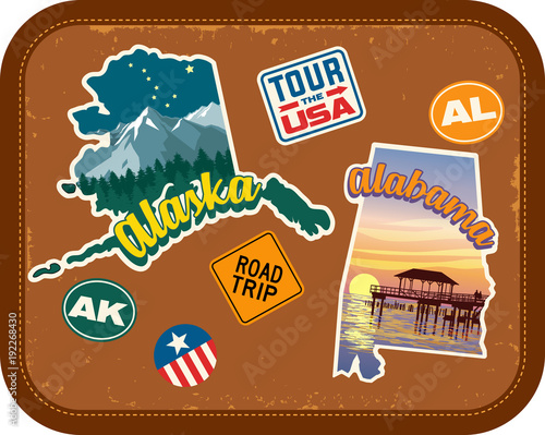 Alaska, Alabama travel stickers with scenic attractions and retro text on vintage suitcase background