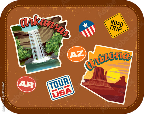 Arkansas, Arizona travel stickers with scenic attractions and retro text on vintage suitcase background
