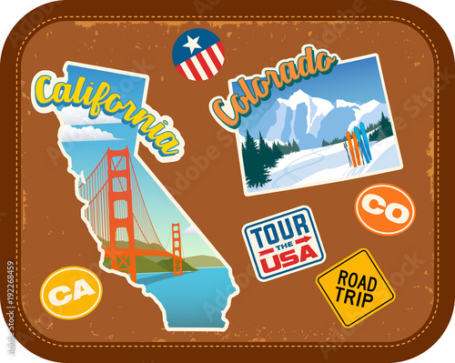 California and Colorado travel stickers with scenic attractions and retro text on vintage suitcase background