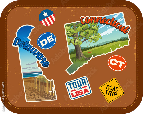 Delaware, Connecticut, travel stickers with scenic attractions and retro text on vintage suitcase background