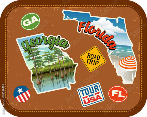 Georgia, Florida, travel stickers with scenic attractions and retro text on vintage suitcase background
