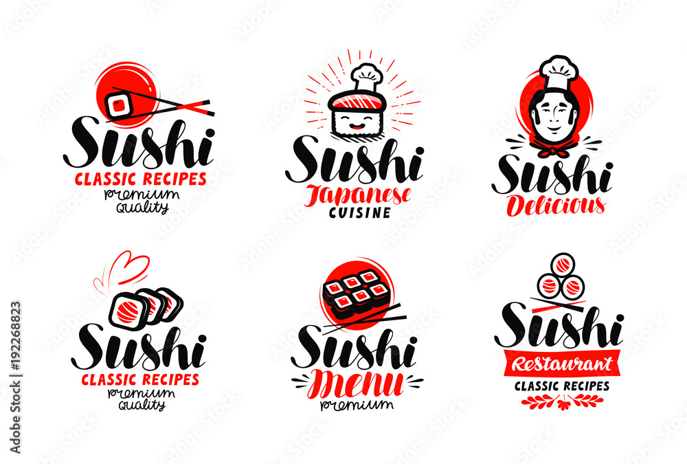Obraz premium Sushi, sashimi logo or label set. Japanese cuisine, fast food typography. Lettering vector illustration