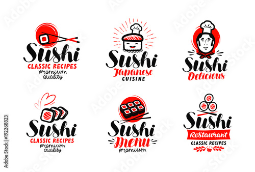 Sushi, sashimi logo or label set. Japanese cuisine, fast food typography. Lettering vector illustration