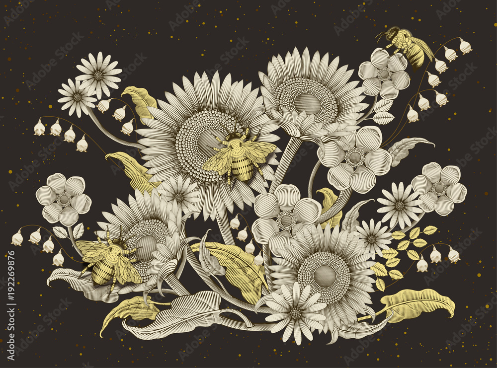 Obraz premium Honey bees and flowers background