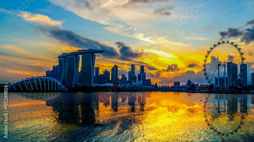 Singapore Skyline. Singapore`s business district, marina bay sand and the garden by the bay on sunset photo
