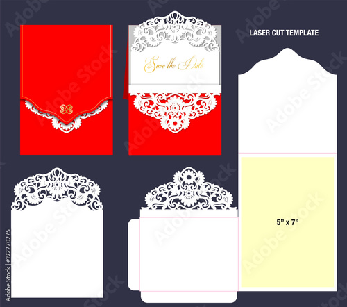 Floral lace envelope and greeting card templates. Laser cut wedding set. Wedding invitation stationery. Cuttable paper. Ornate openwork wedding set. Silhouette ready for cutting machine. Vector.