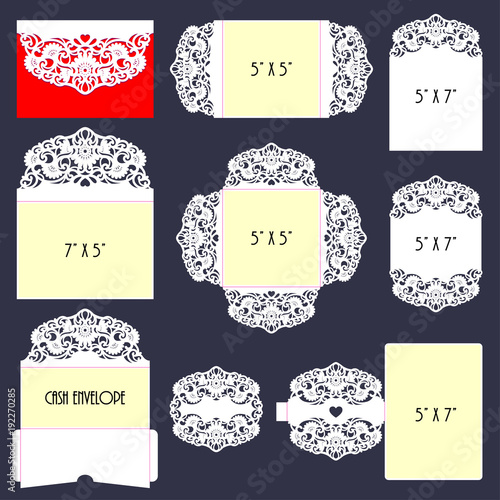 Big set of floral lace card and envelope templates. Wedding invitation stationery. Digital laser cut paper. Ornate openwork card design. Vector illustration. Vintage decorative laser cutting motifs. 