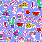 Seamless pattern with patches of lollipops, shoes, watermelons, pizza, sunglasses, hearts, mushrooms, high hill shoes, lips. Blue background in retro style.