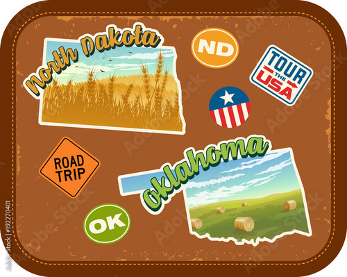 North Dakota, Oklahoma travel stickers with scenic attractions and retro text on vintage suitcase background