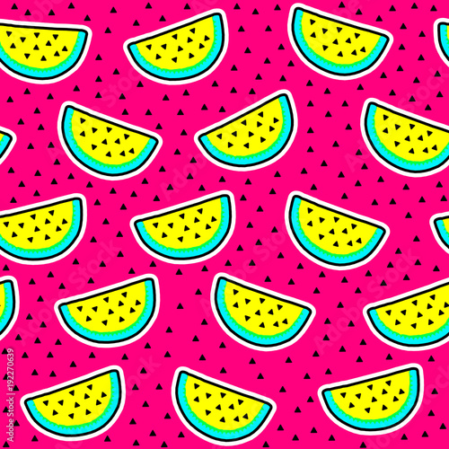 Cosmic crazy watermelon seamless pattern. Acid pink background.