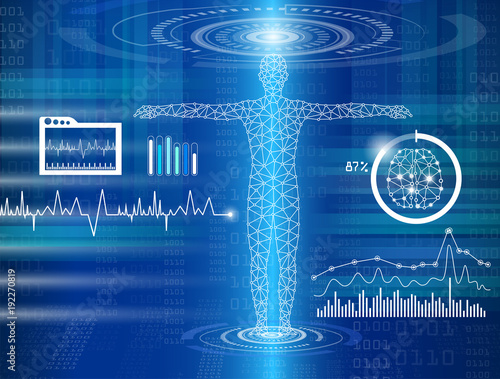 abstract background technology concept in blue light,brain and human body heal ,technology modern medical science in future and global international medical with tests analysis clone DNA human