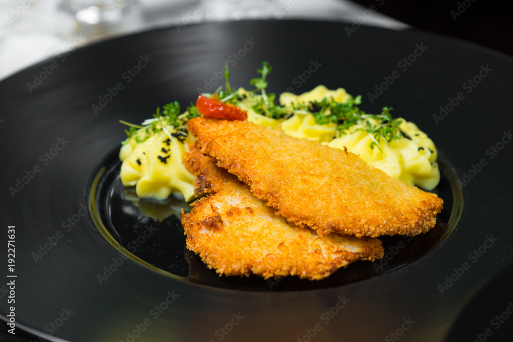 Dinner. Chef's specialty presented in restaurant on served table. Clouse up. Dinner. Chef's specialty presented in restaurant on served table. Clouse up.