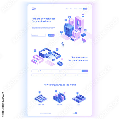 Find commercial real estate for your business. Choose criteria for office. Isometric vector illustation with buildings. Landing page concept