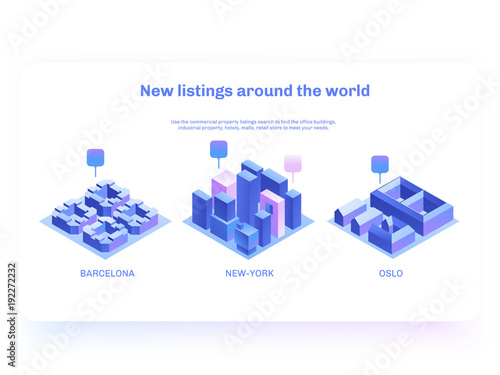 Find commercial real estate for your business. Choose criteria for office. Isometric vector illustation with buildings. Landing page concept photo