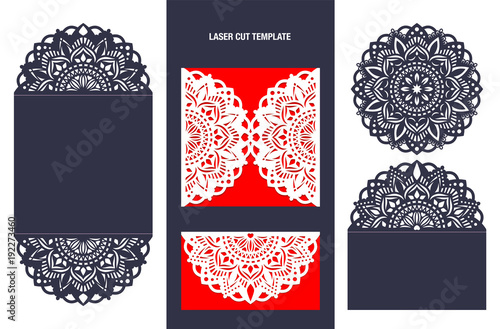 Set of wedding invitation or greeting card with mandala lace ornament. Die cut paper envelope. Wedding invitation envelope template for laser cutting. Islam, Arabic, Indian, ottoman motifs. Vector