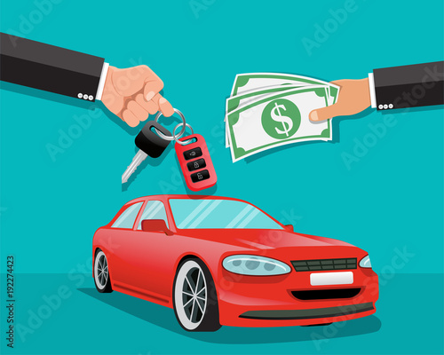 Hand giving car keys to another hand,Car Rental and cars for sale - Vector illustration.