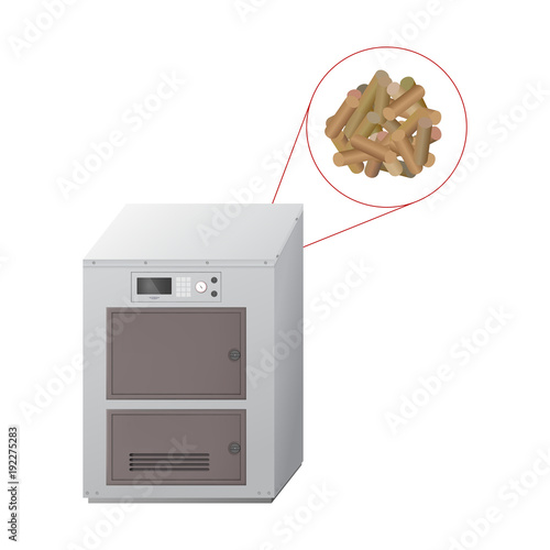 Solid fuel boiler unit. Callout with a vector illustration of pellets. The HVAC equipment.