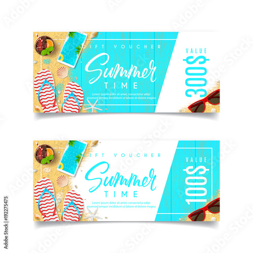 Discount Summer Gift Voucher. Design of coupon usable for invitation and ticket. Top view on holiday decoration on wooden texture. Vector illustration with seasonal offer.