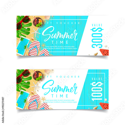 Discount Summer Gift Voucher. Design of coupon usable for invitation and ticket. Top view on holiday decoration on wooden texture. Vector illustration with seasonal offer.