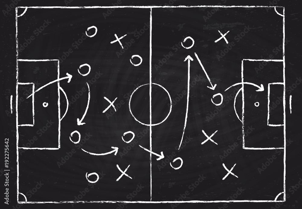 Soccer game tactical scheme with football players and strategy arrows