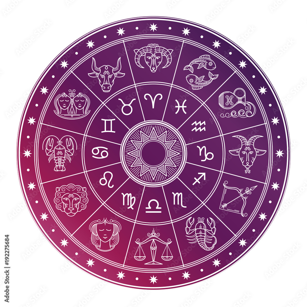 Bright and white astrology horoscope circle with zodiac signs