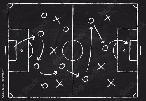 Soccer game tactical scheme with football players and strategy arrows on chalk black board photo
