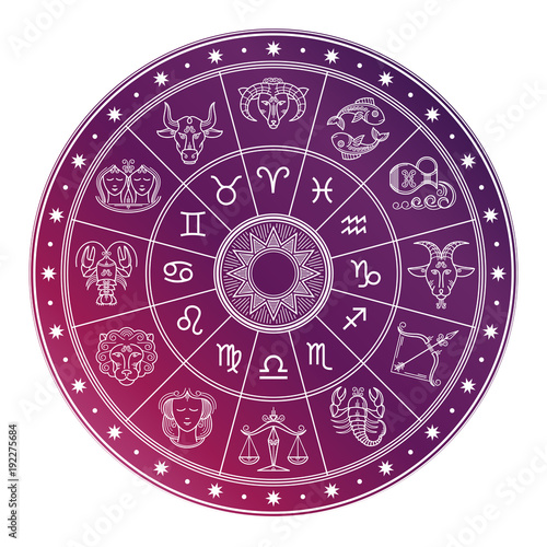 Bright and white astrology horoscope circle with zodiac signs
