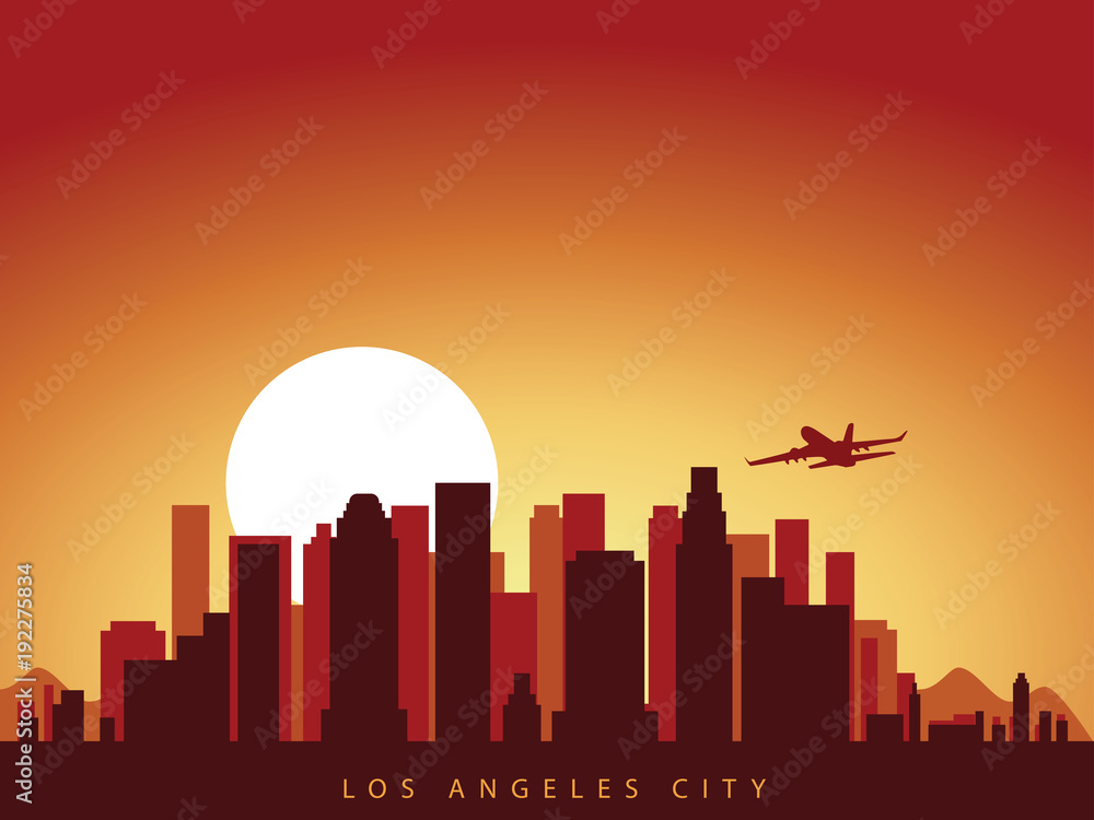 vector background design city skyline of los angeles in california america with airplane flying above the city and sun rise