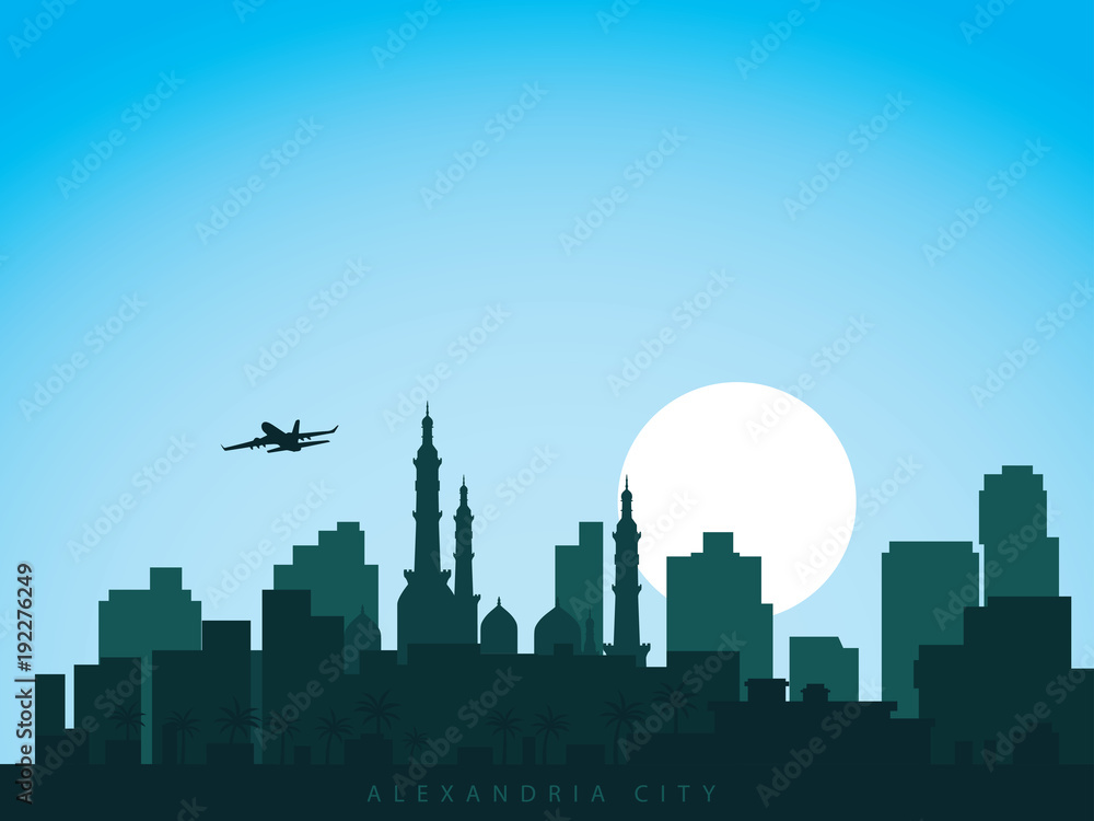 Naklejka premium vector background design city skyline of alexandria egypt with airplane flying above the city and sun rise