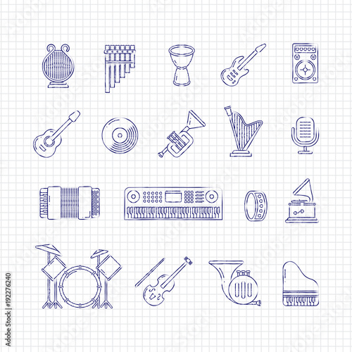 Music concert instruments thin line vector icons