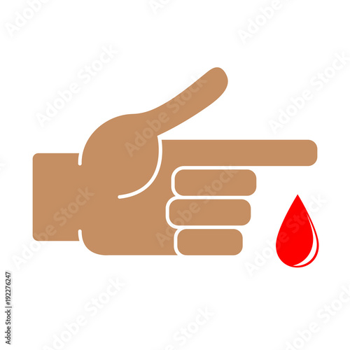 Finger with blood drop on white background