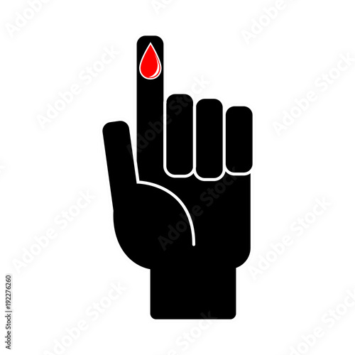 Finger with blood drop on white background