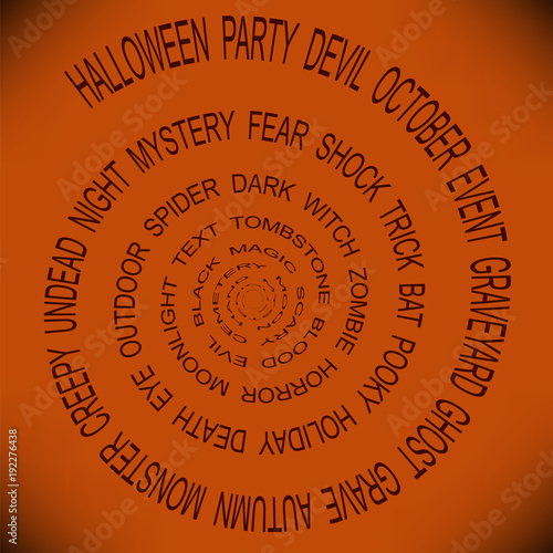 Halloween background. Spiral cloud of words about Halloween, evil, witches and black magic. Vector illustration. Orange and back.