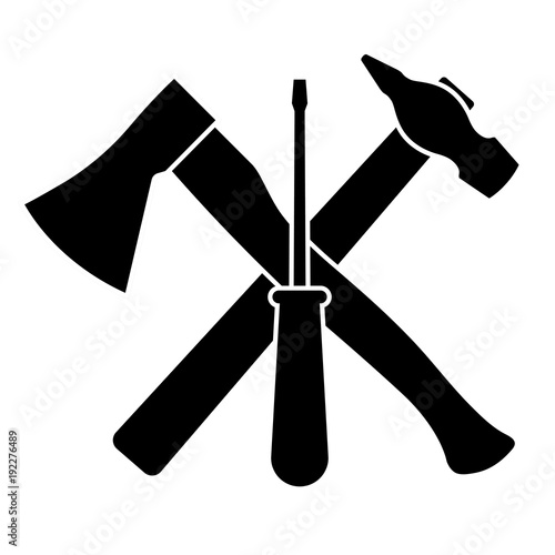 Axe, screwdriver and hammer on a white background