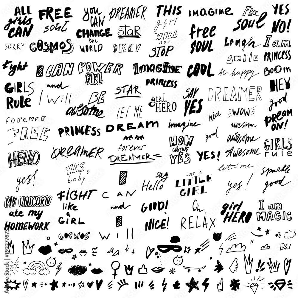 Hand drawn lettering collection. Typography doodle design. Vector illustration