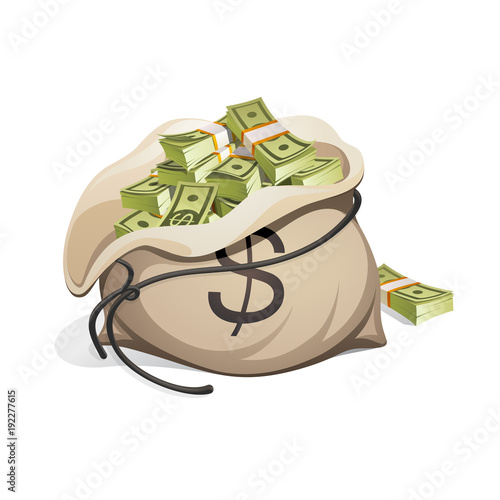 Bag of money. Packing in bundles of bank notes. Isolated on white background.