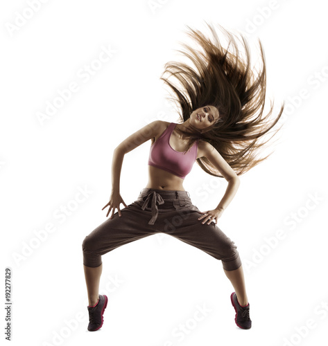 Fitness Woman Sport Dance, Girl with Flying Hair Dancing Breakdance, Freestyle Dancer Isolated on White Background