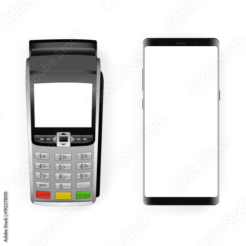 Payment terminal mockup and modern frameless smartphone mockup with blank screen. Concept to showcasing your mobile payment applications. Vector illustration