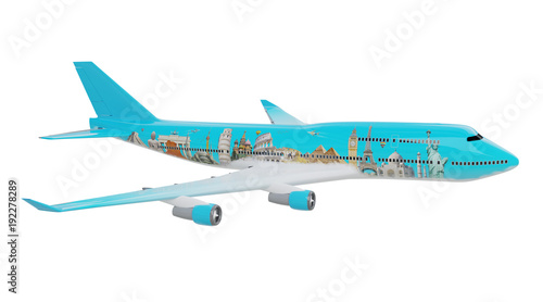 Fototapeta Naklejka Na Ścianę i Meble -  Plane with famous landmarks of the world 3D rendering