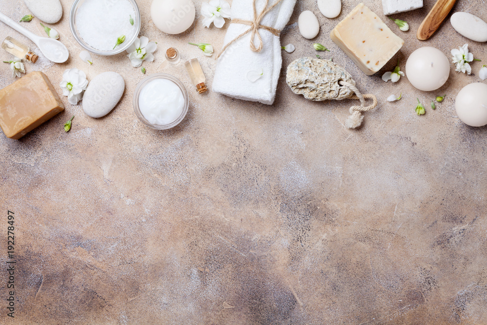 Natural spa, beauty and aromatherapy background on stone table top view. Flat lay.